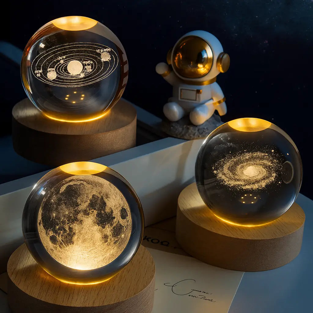 Luminária LED de Cristal Galaxy – Base de Madeira