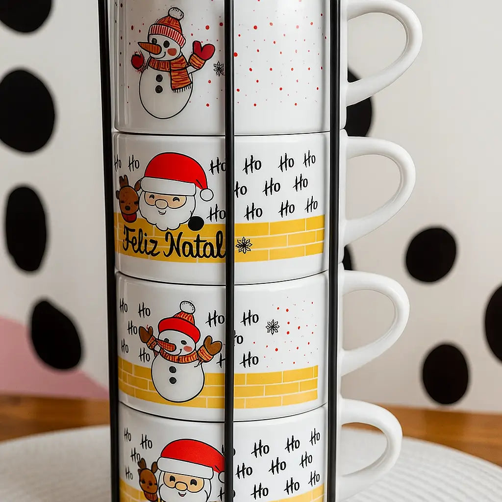Jogo de Xícaras de Porcelana Empilháveis Feliz Natal – 200ml com Suporte de Metal