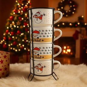 Jogo de Xícaras de Porcelana Empilháveis Feliz Natal – 200ml com Suporte de Metal