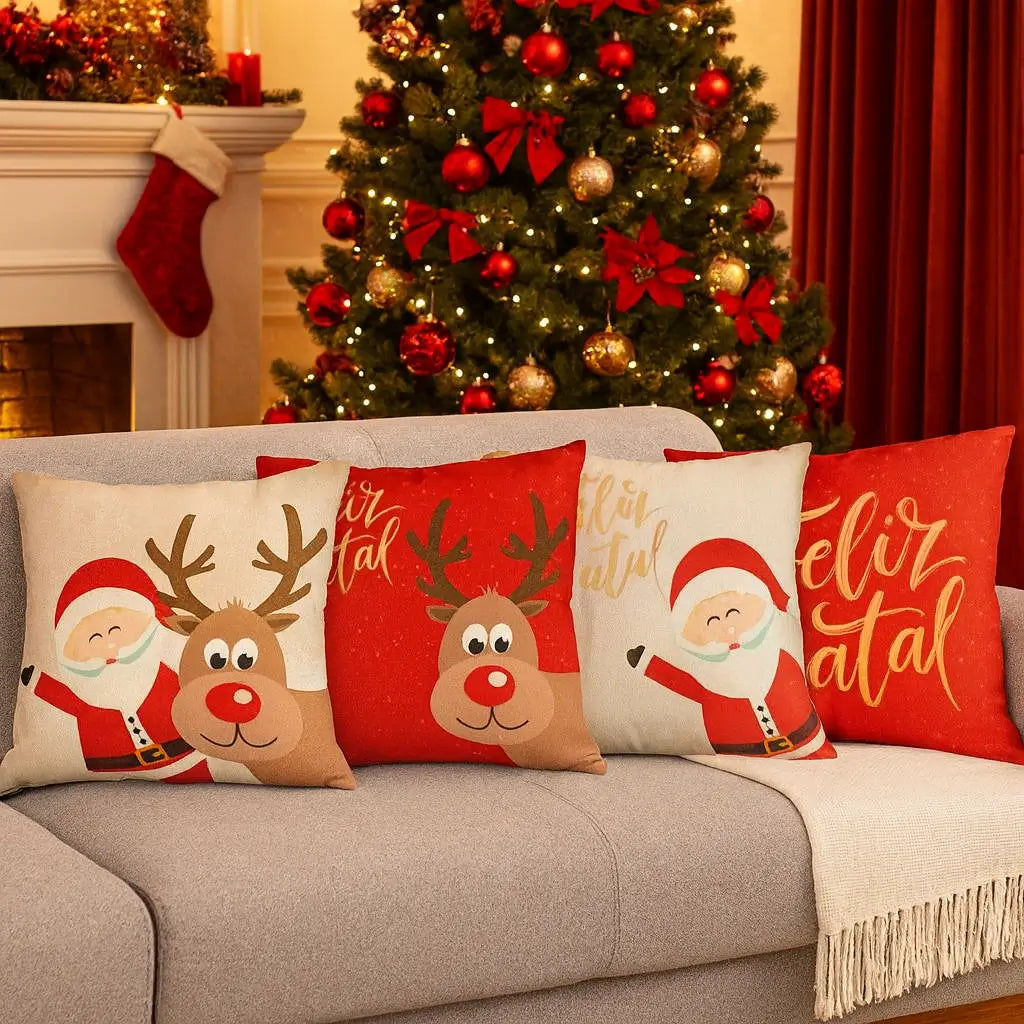 Kit Capas de Almofada Natalinas Feliz Natal – 4 Unidades 45x45cm
