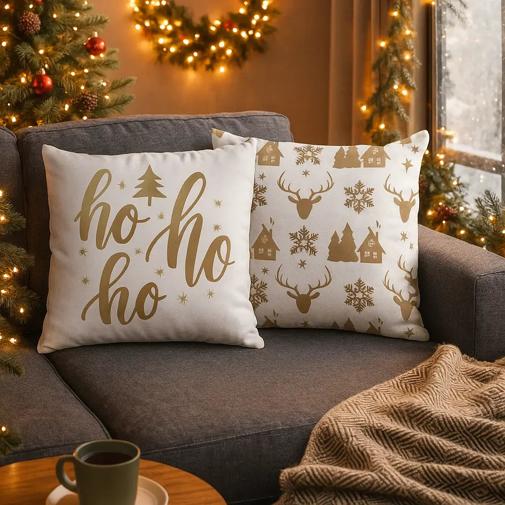 Kit Capas de Almofada Natalinas HoHoHo Branca – 2 Unidades 45x45cm