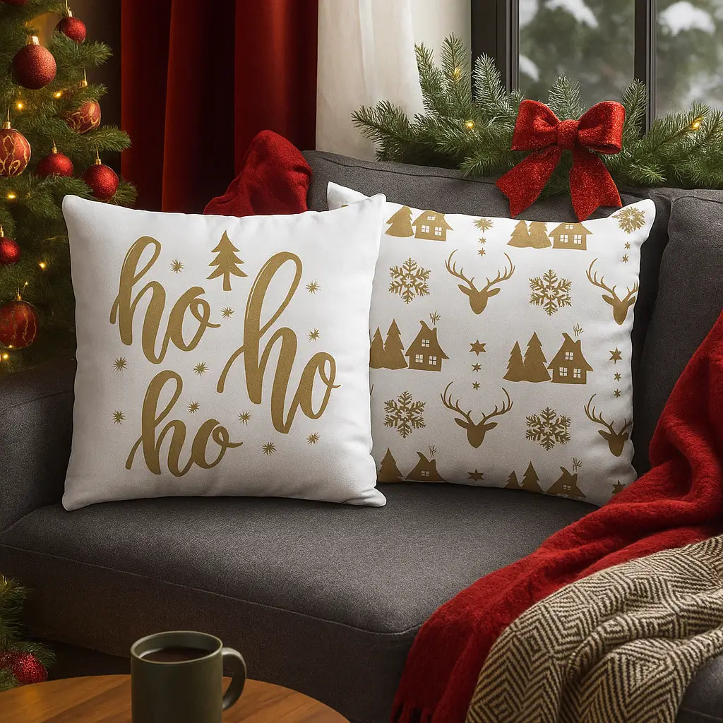 Kit Capas de Almofada Natalinas HoHoHo Branca – 2 Unidades 45x45cm