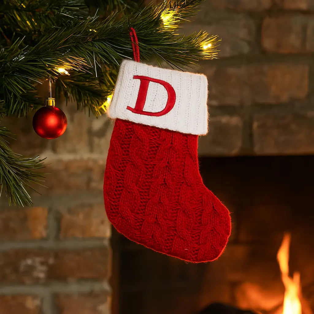 Meia Natalina de Tricô com Letra Bordada – Pingente de Árvore
