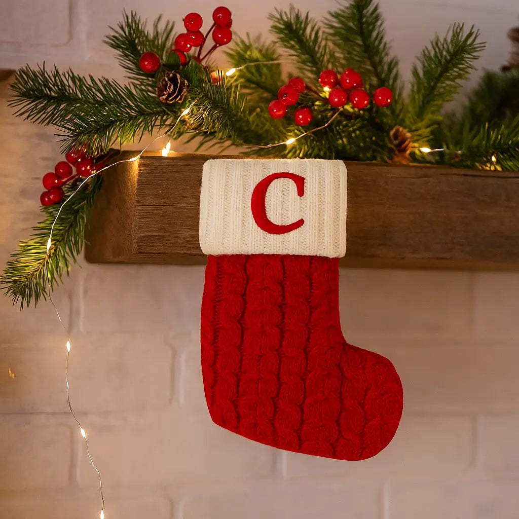 Meia Natalina de Tricô com Letra Bordada – Pingente de Árvore