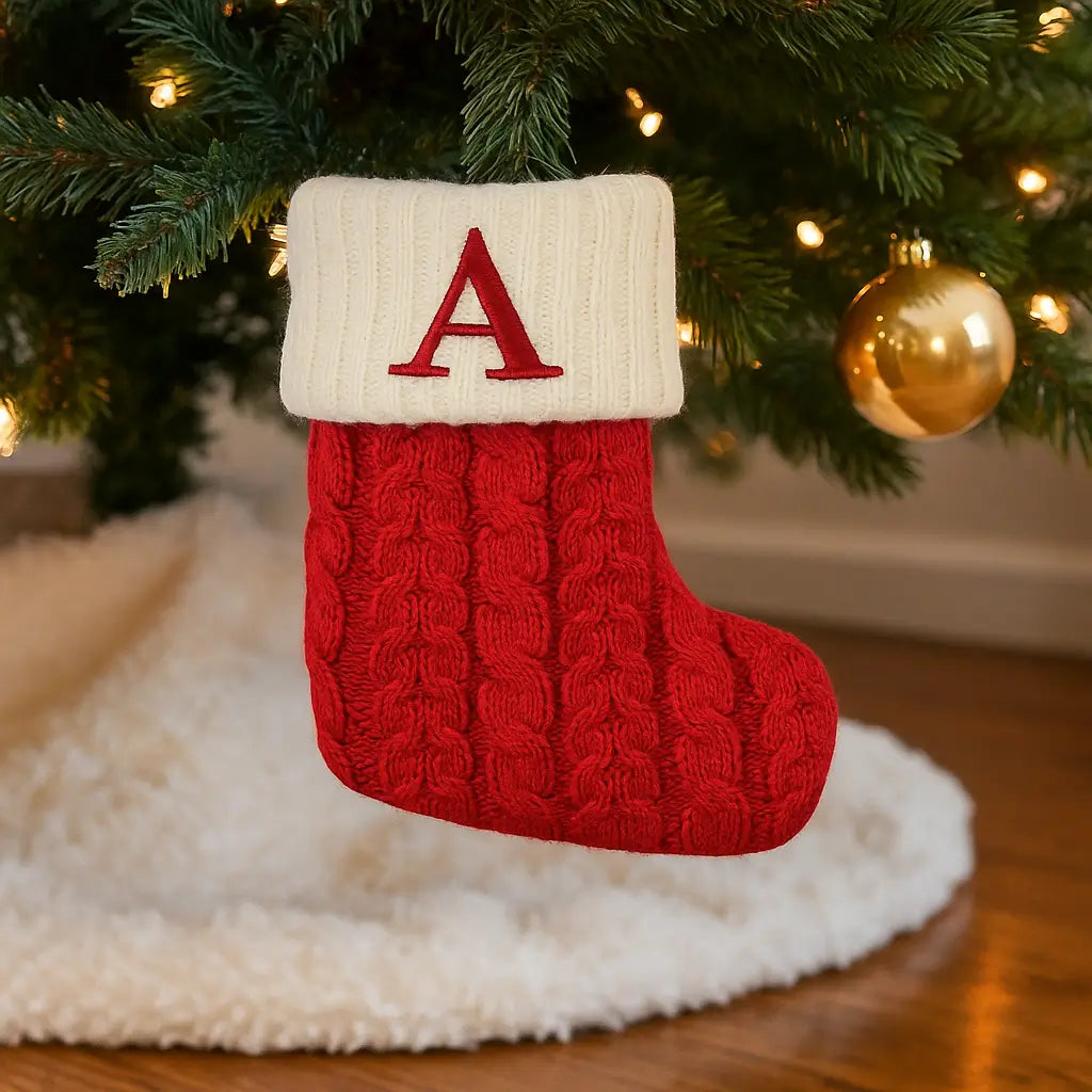 Meia Natalina de Tricô com Letra Bordada – Pingente de Árvore