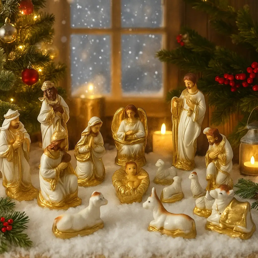 Presépio Completo em Gesso com Pó de Mármore – 15 Peças