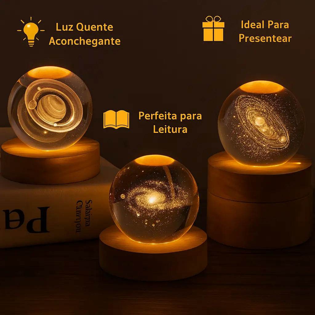 Luminária LED de Cristal Galaxy – Base de Madeira