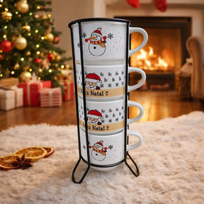 Jogo de Xícaras de Porcelana Empilháveis Feliz Natal – 200ml com Suporte de Metal