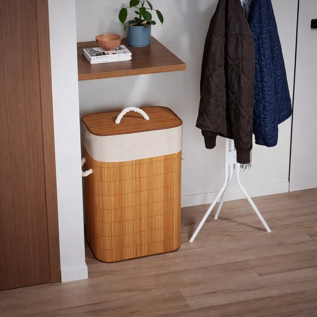 Cesto de Roupas Sujas de Bambu Dobrável Multiuso