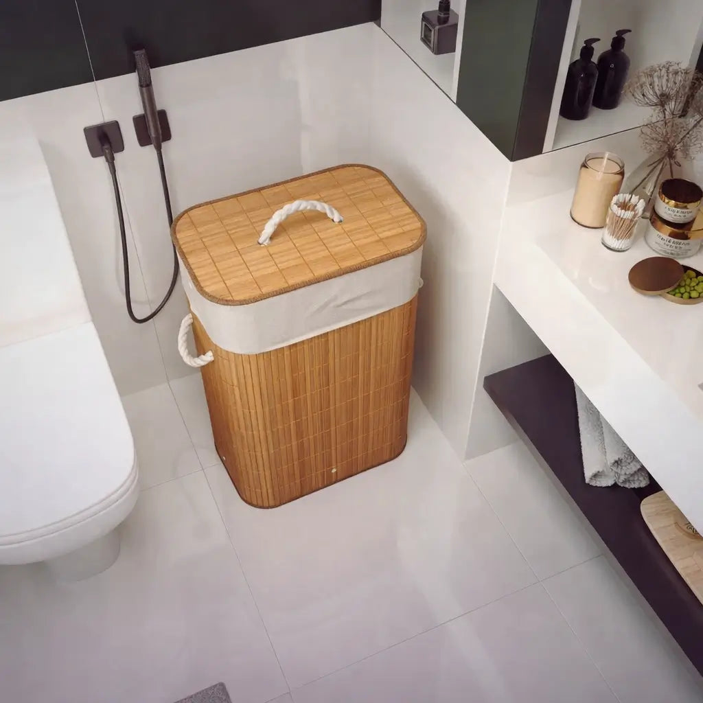 Cesto de Roupas Sujas de Bambu Dobrável Multiuso