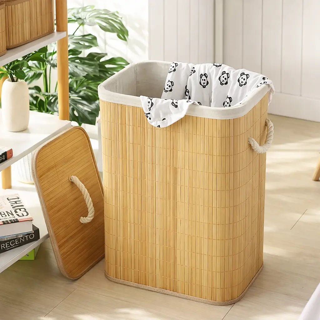 Cesto de Roupas Sujas de Bambu Dobrável Multiuso