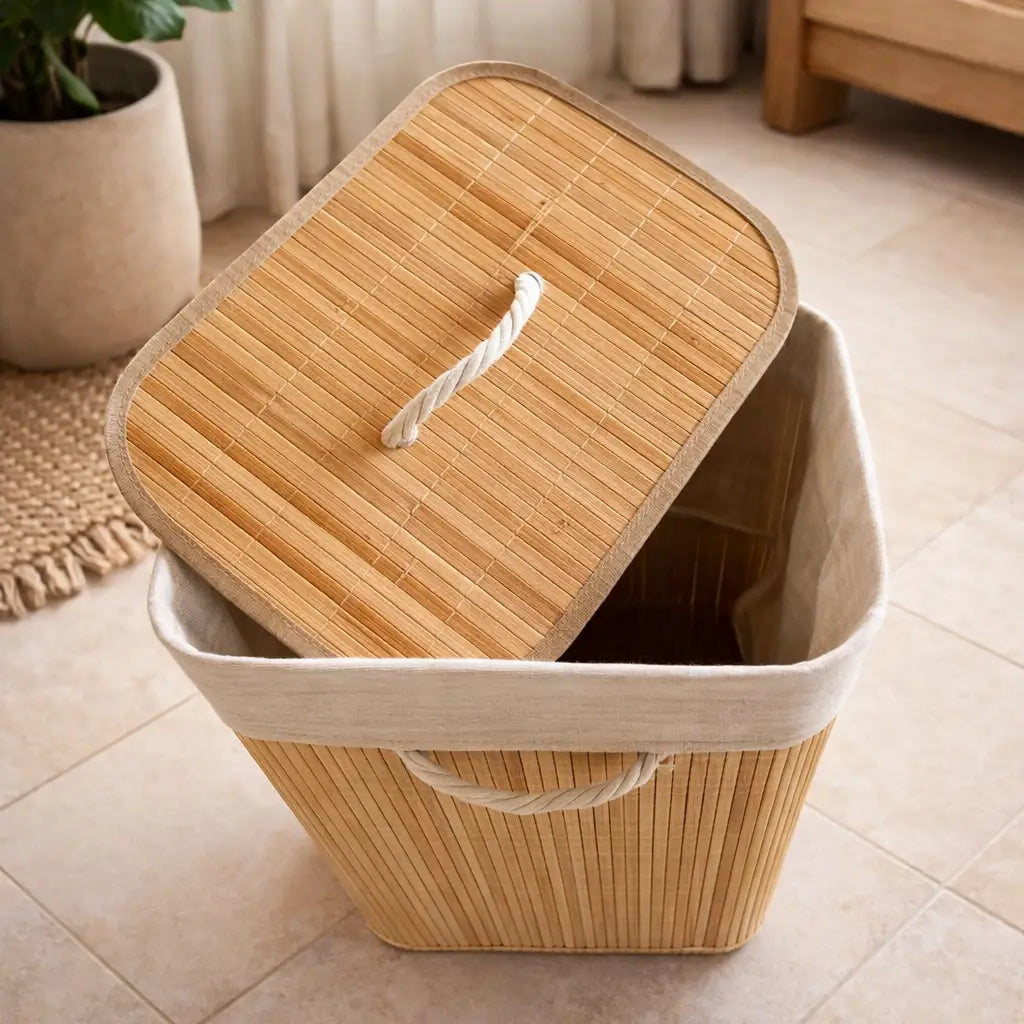 Cesto de Roupas Sujas de Bambu Dobrável Multiuso