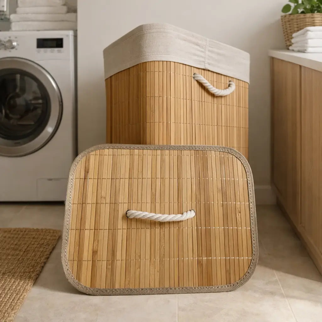 Cesto de Roupas Sujas de Bambu Dobrável Multiuso