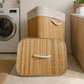 Cesto de Roupas Sujas de Bambu Dobrável Multiuso