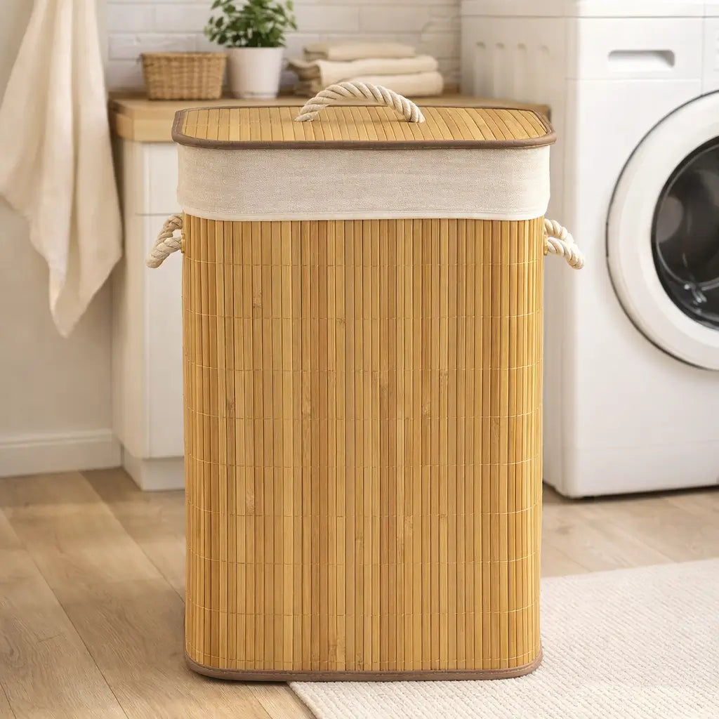 Cesto de Roupas Sujas de Bambu Dobrável Multiuso