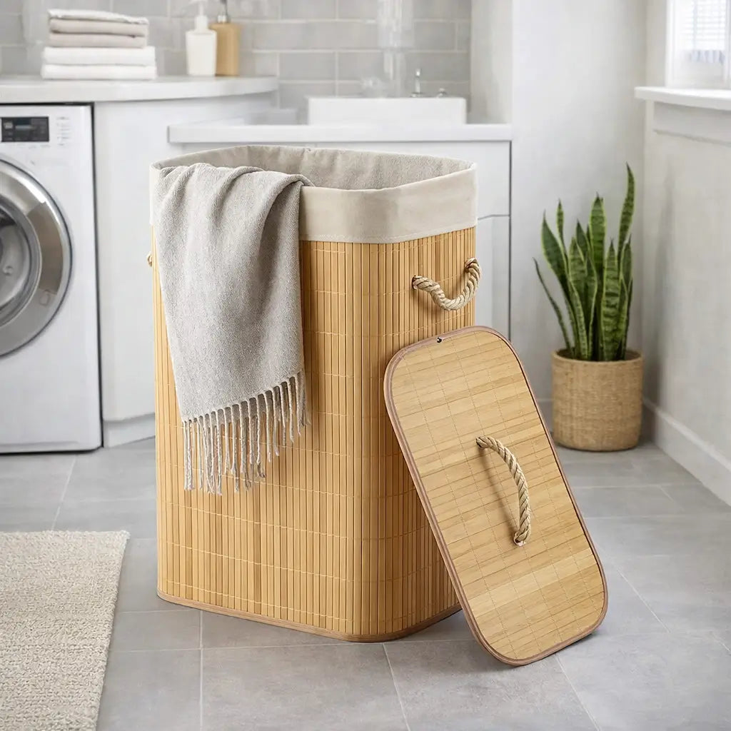 Cesto de Roupas Sujas de Bambu Dobrável Multiuso