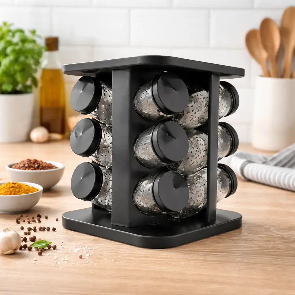Porta-Temperos Giratório Profissional – Potes de Vidro