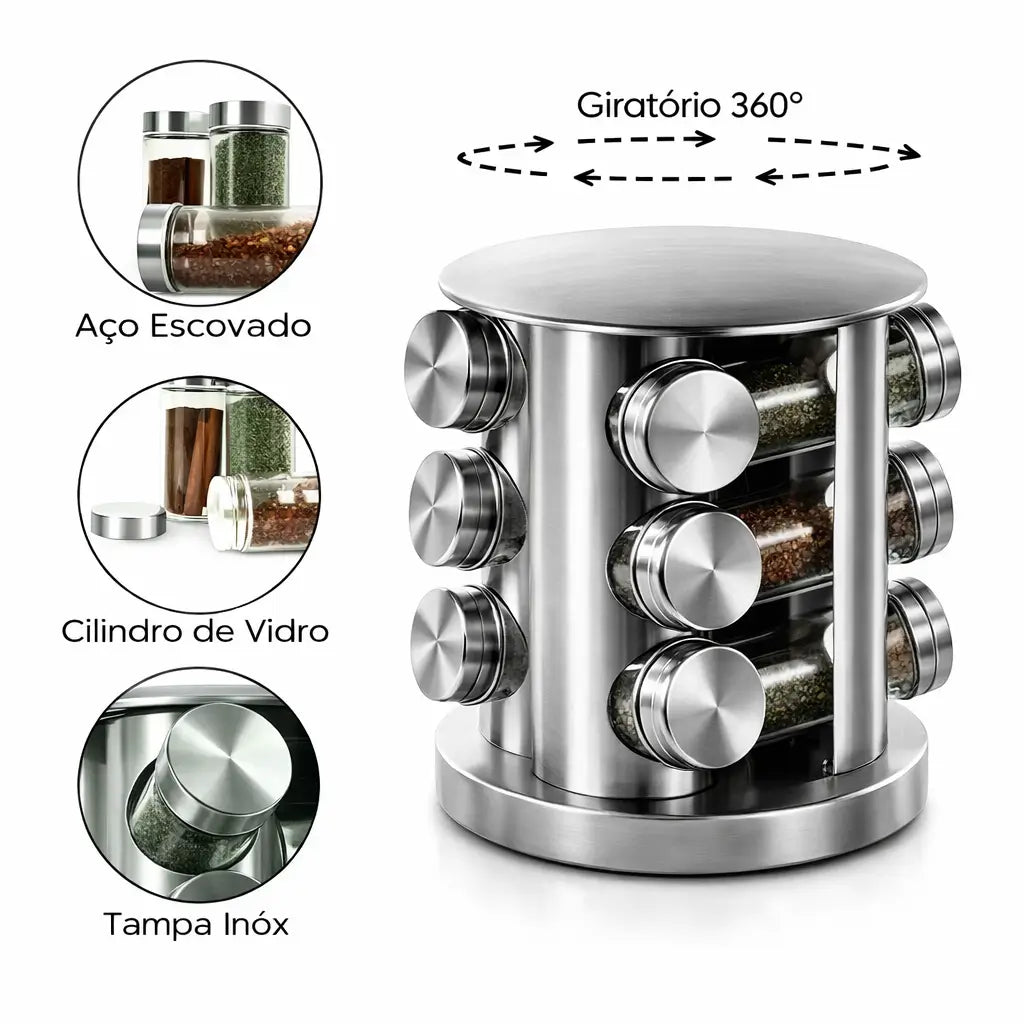 Porta-Temperos Giratório Profissional Inox – 12 Potes de Vidro