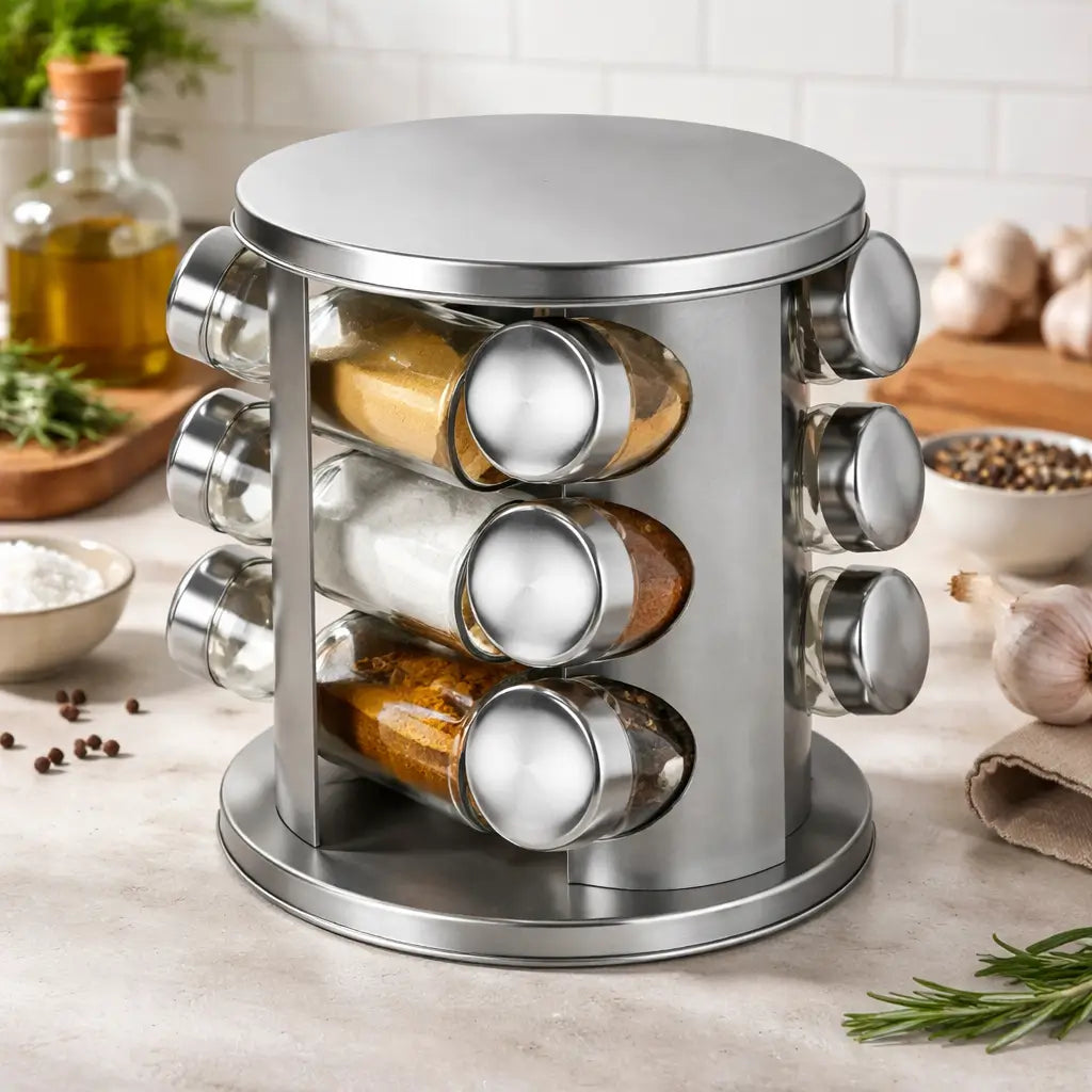 Porta-Temperos Giratório Profissional Inox – 12 Potes de Vidro