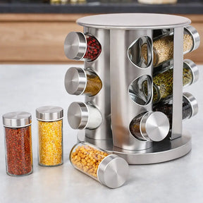Porta-Temperos Giratório Profissional Inox – 12 Potes de Vidro