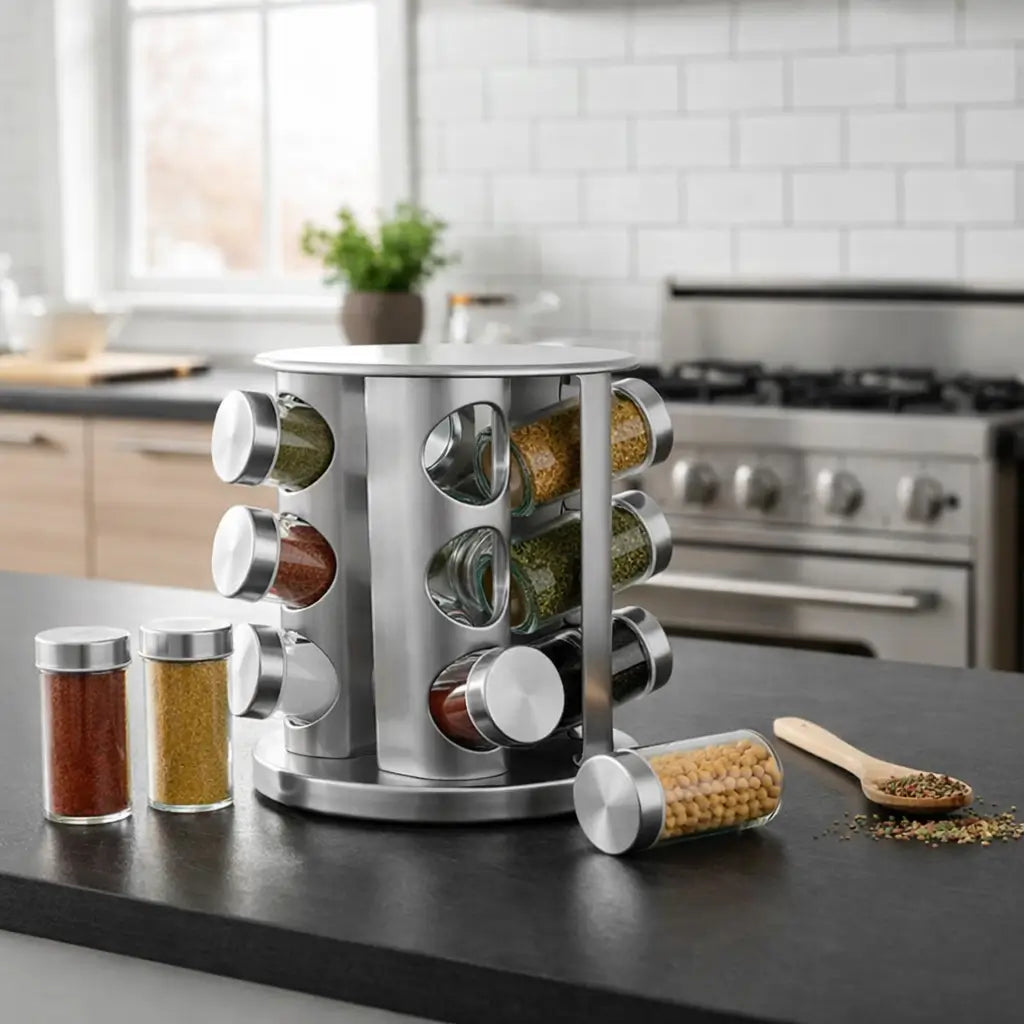Porta-Temperos Giratório Profissional Inox – 12 Potes de Vidro