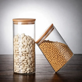 KIT 5 Potes Herméticos de Vidro com Tampa de Bambu