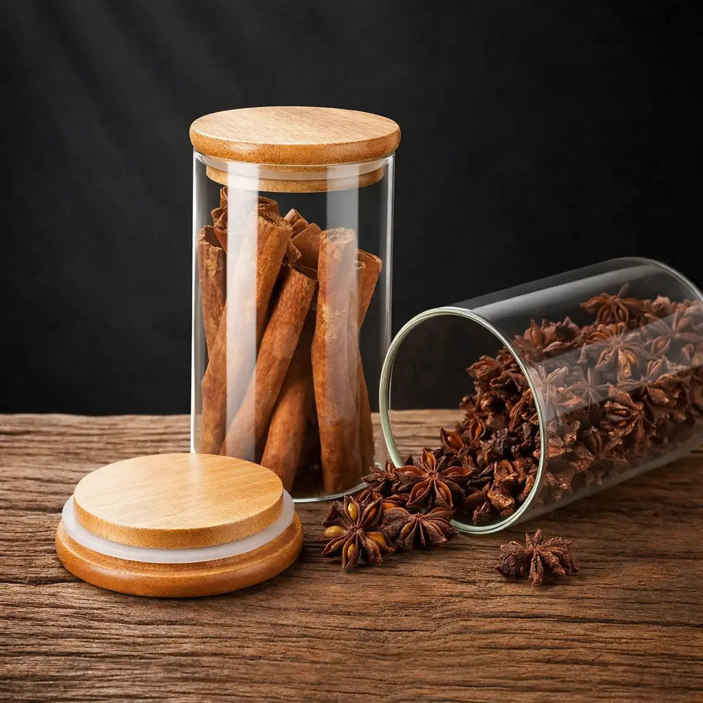 KIT 5 Potes Herméticos de Vidro com Tampa de Bambu