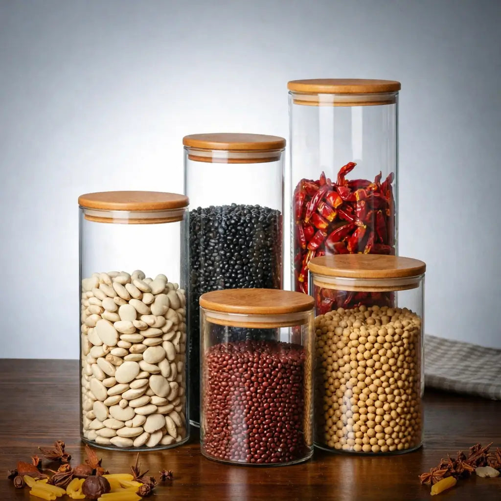 KIT 5 Potes Herméticos de Vidro com Tampa de Bambu