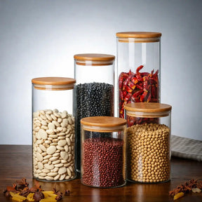 KIT 5 Potes Herméticos de Vidro com Tampa de Bambu