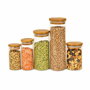 KIT 5 Potes Herméticos de Vidro com Tampa de Bambu