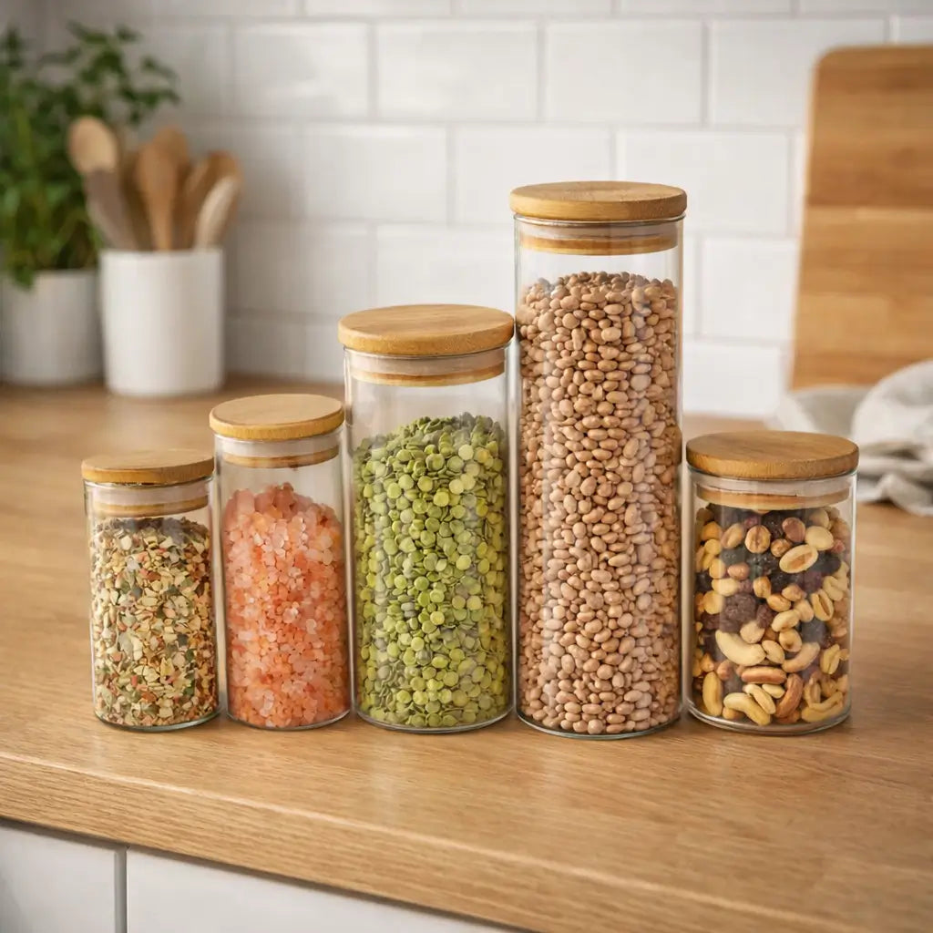 KIT 5 Potes Herméticos de Vidro com Tampa de Bambu