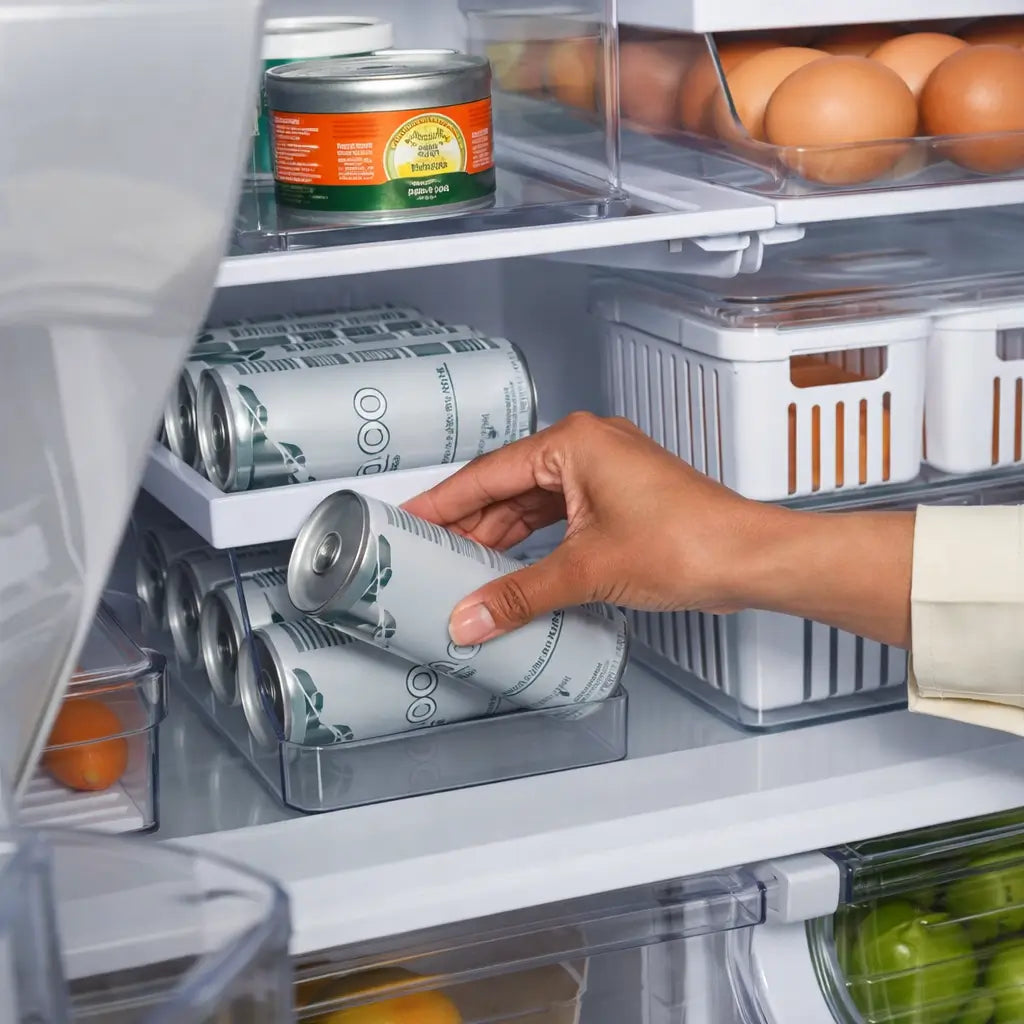 Porta-Latas Organizador com Rolagem Inteligente para Geladeira