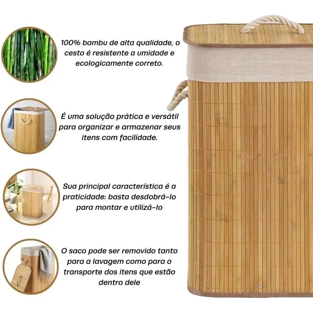 Cesto de Roupas Sujas de Bambu Dobrável Multiuso