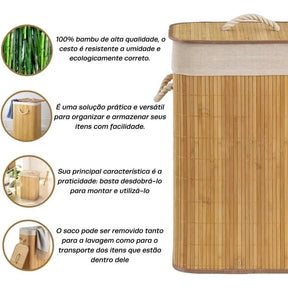 Cesto de Roupas Sujas de Bambu Dobrável Multiuso