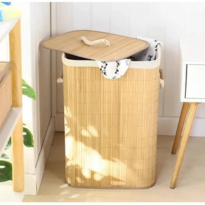 Cesto de Roupas Sujas de Bambu Dobrável Multiuso