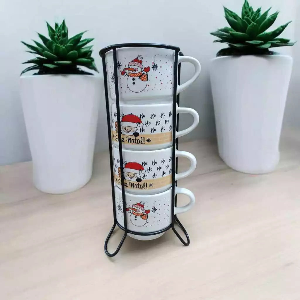 Jogo de Xícaras de Porcelana Empilháveis Feliz Natal – 200ml com Suporte de Metal