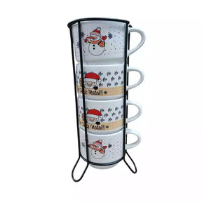 Jogo de Xícaras de Porcelana Empilháveis Feliz Natal – 200ml com Suporte de Metal